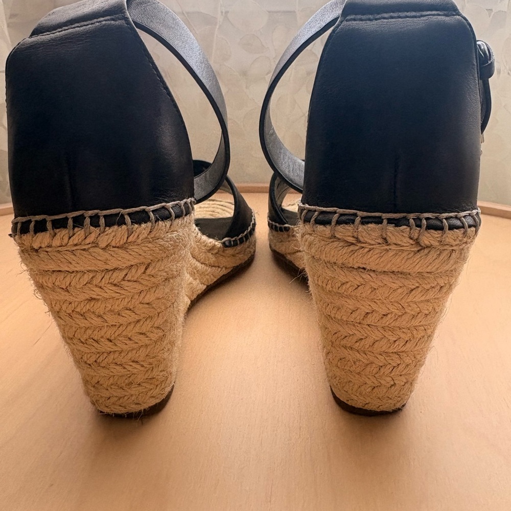 Vince Camuto Black Leather Espadrille Wedge Sandals with Ankle Strap - Picture 6 of 7